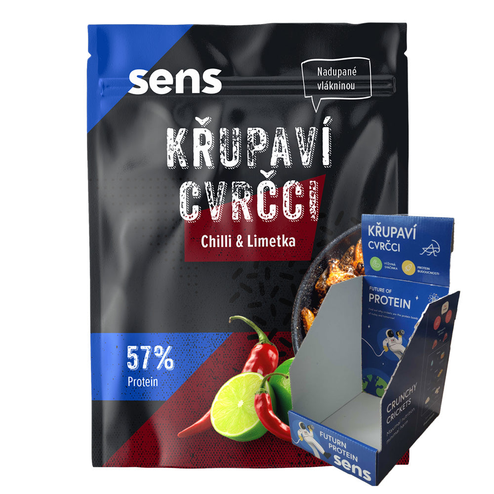 Křupaví cvrčci v pytlíčku - Chilli & Limetka (16g) - box 15 kusů
